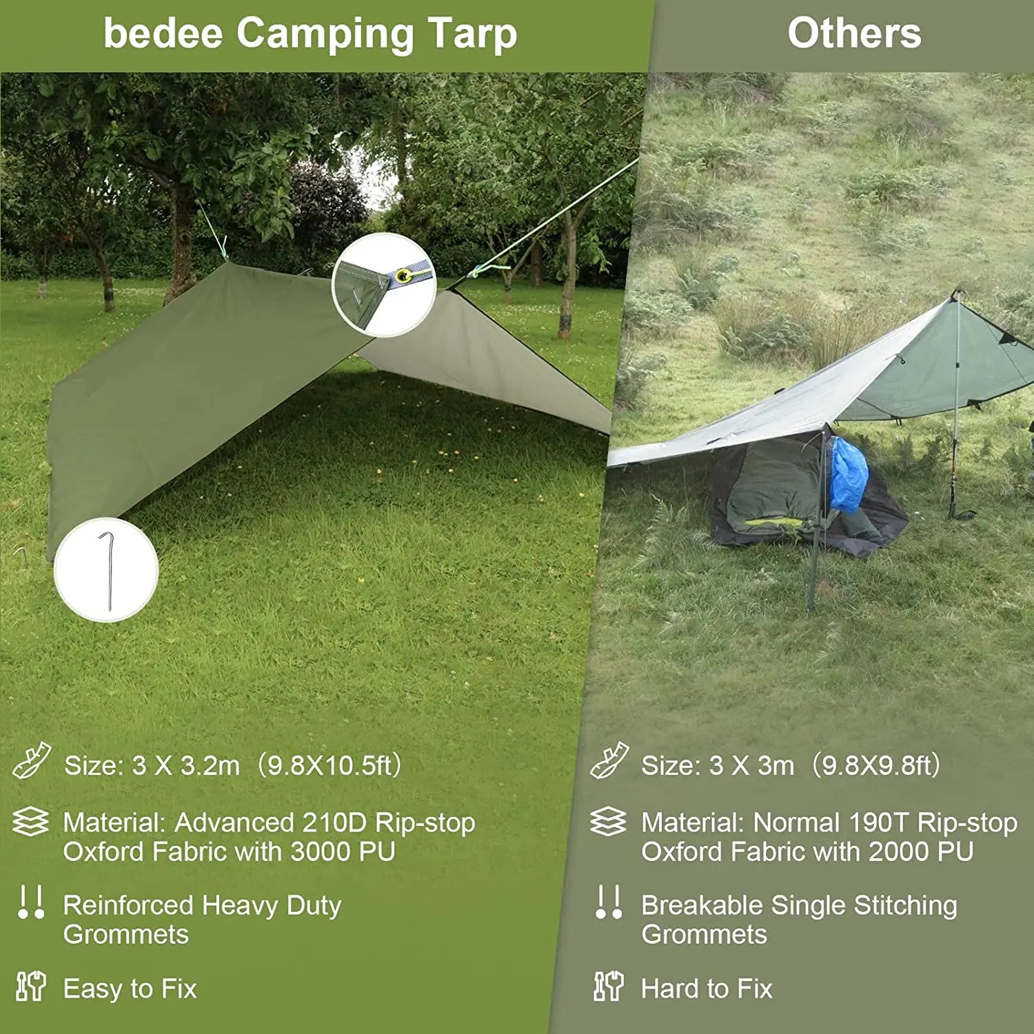WOQI  Outdoor Camping Tent Rain Fly Tarp 210T Nylon Ripstop PU 3000 Waterproof Lightweight Survival Gear Shelter for Camping