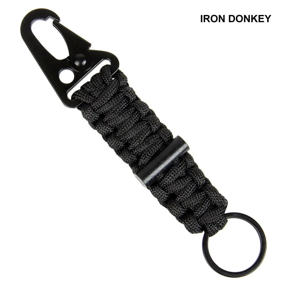 IRONDONKEY Outdoor Tactical Tool Camping Rope Carabiner Firestarter Paracord Keychain Survival