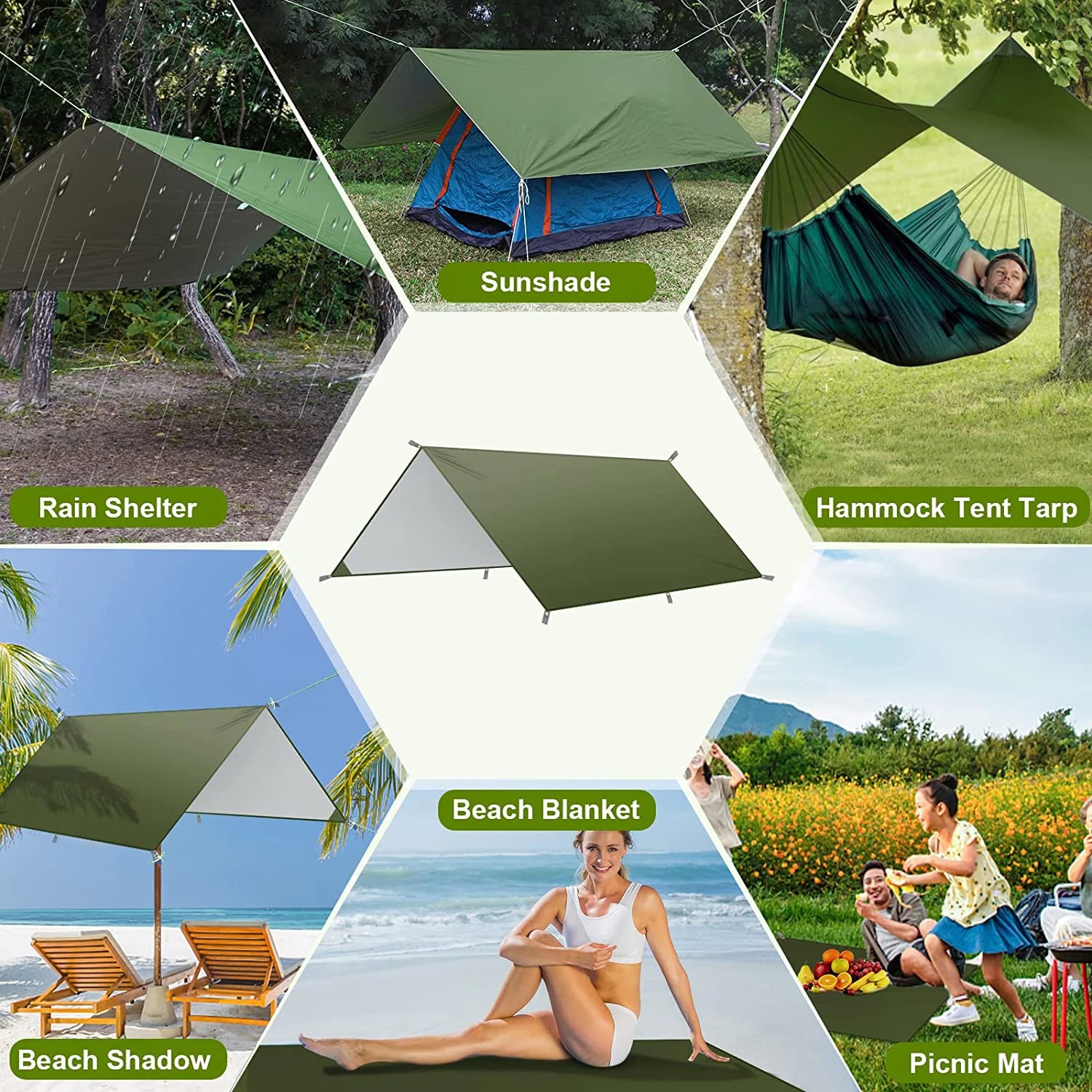 WOQI  Outdoor Camping Tent Rain Fly Tarp 210T Nylon Ripstop PU 3000 Waterproof Lightweight Survival Gear Shelter for Camping