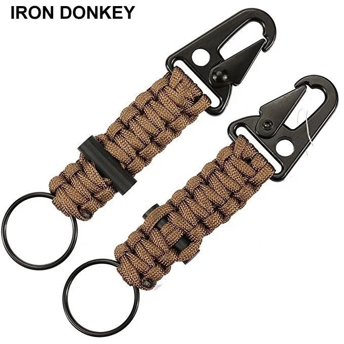 IRONDONKEY Outdoor Tactical Tool Camping Rope Carabiner Firestarter Paracord Keychain Survival