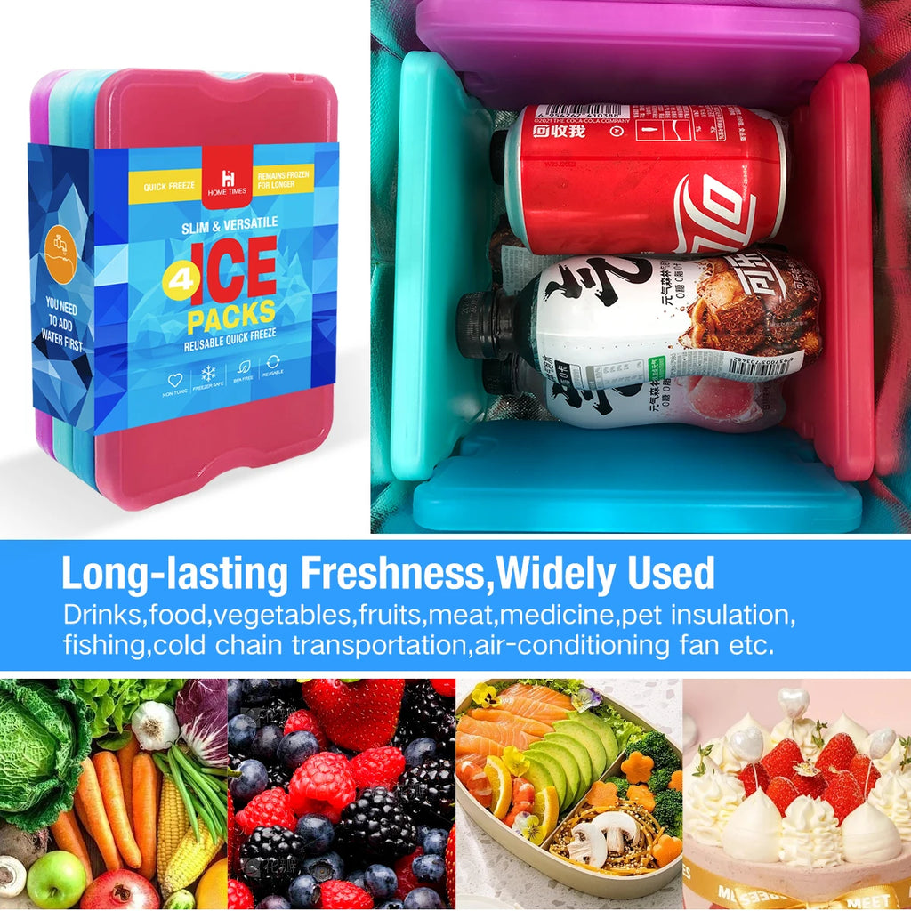 4 PCS Reusable Ice Packs for Cooler & Lunch Box - Long-Lasting Freezer Packs for Food, Perfect for Beach, Camping, Fishing,Blue
