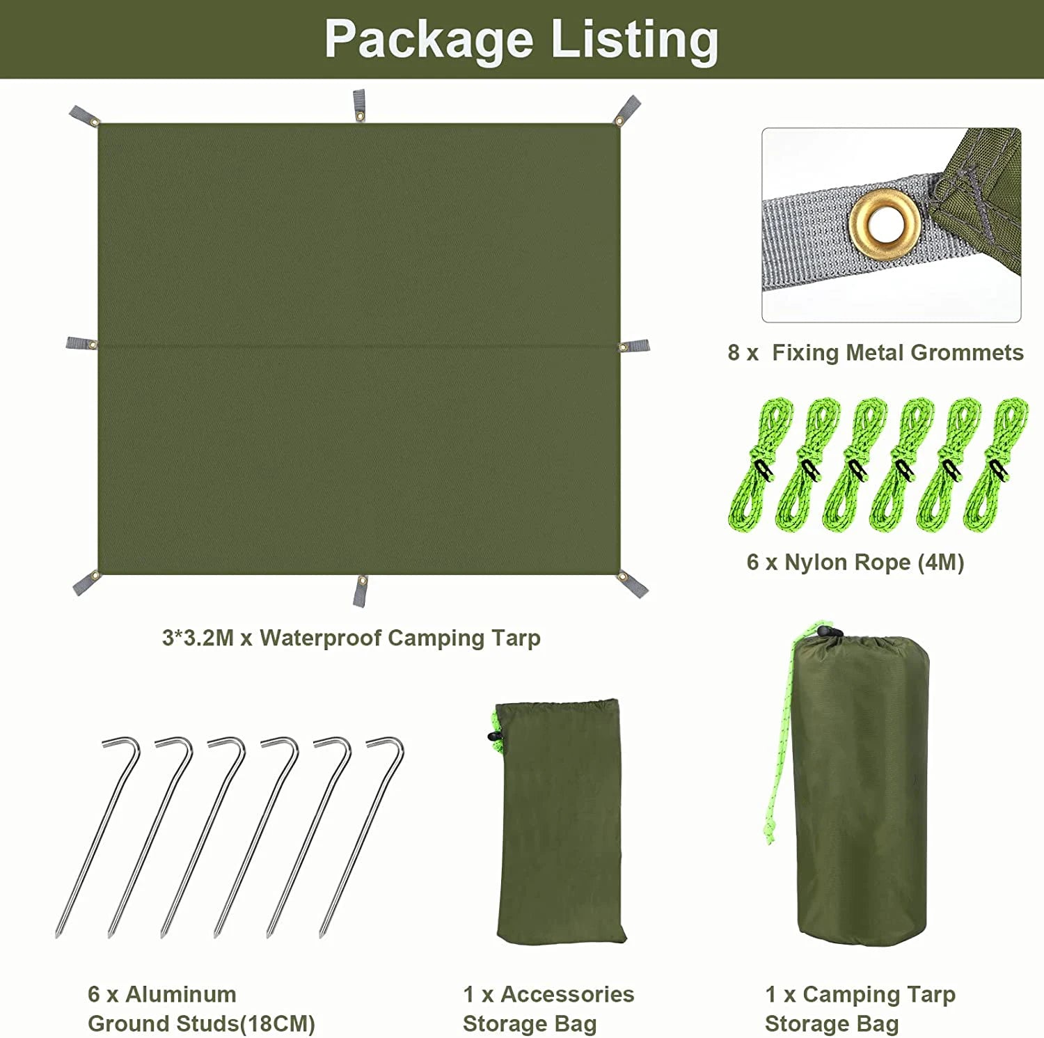 WOQI  Outdoor Camping Tent Rain Fly Tarp 210T Nylon Ripstop PU 3000 Waterproof Lightweight Survival Gear Shelter for Camping