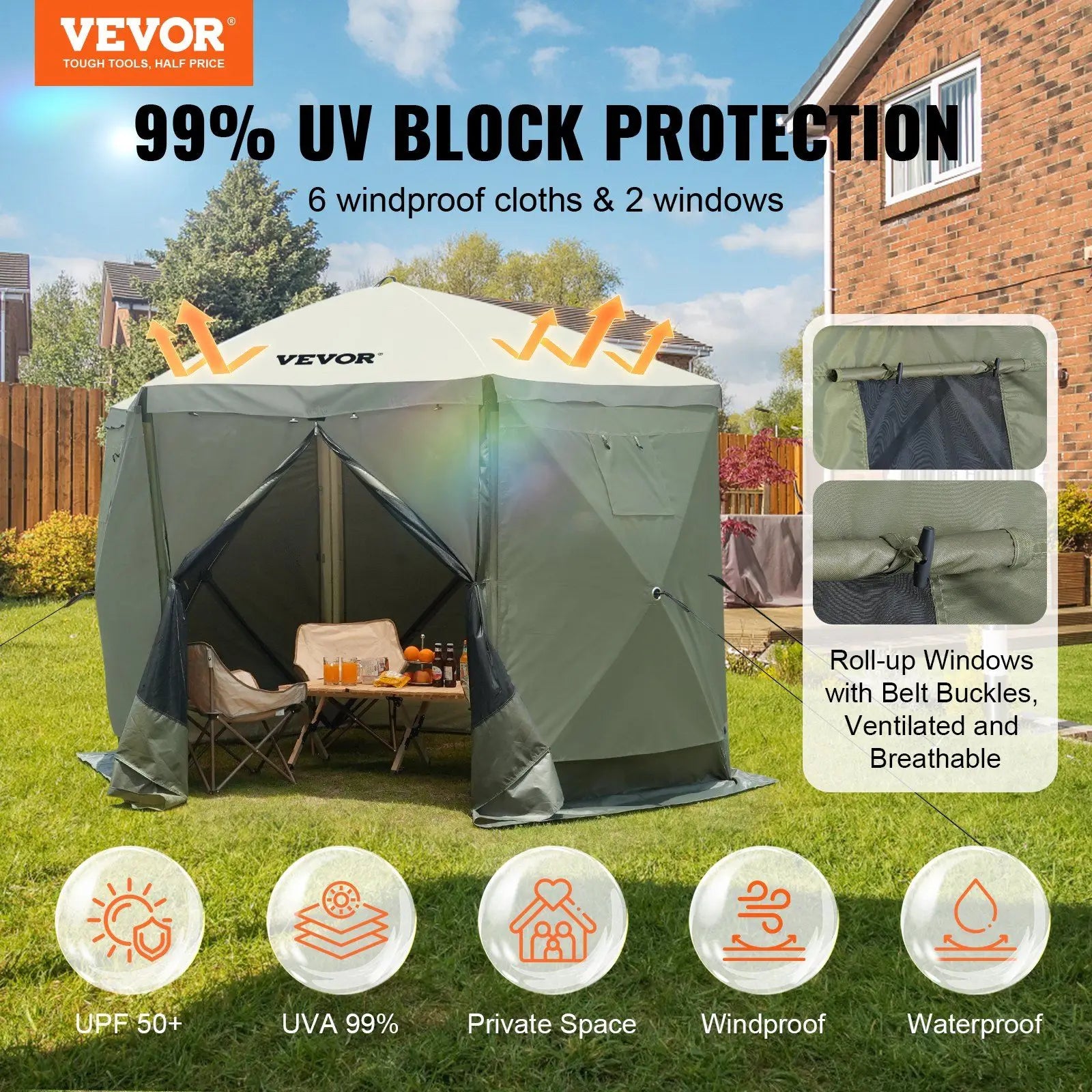 Pop Up Gazebo Tent, Pop-Up Screen Tent 6 Sided Canopy Sun Shelter with 6 Removable Privacy Wind Cloths & Mesh Windows, 10x10FT Q