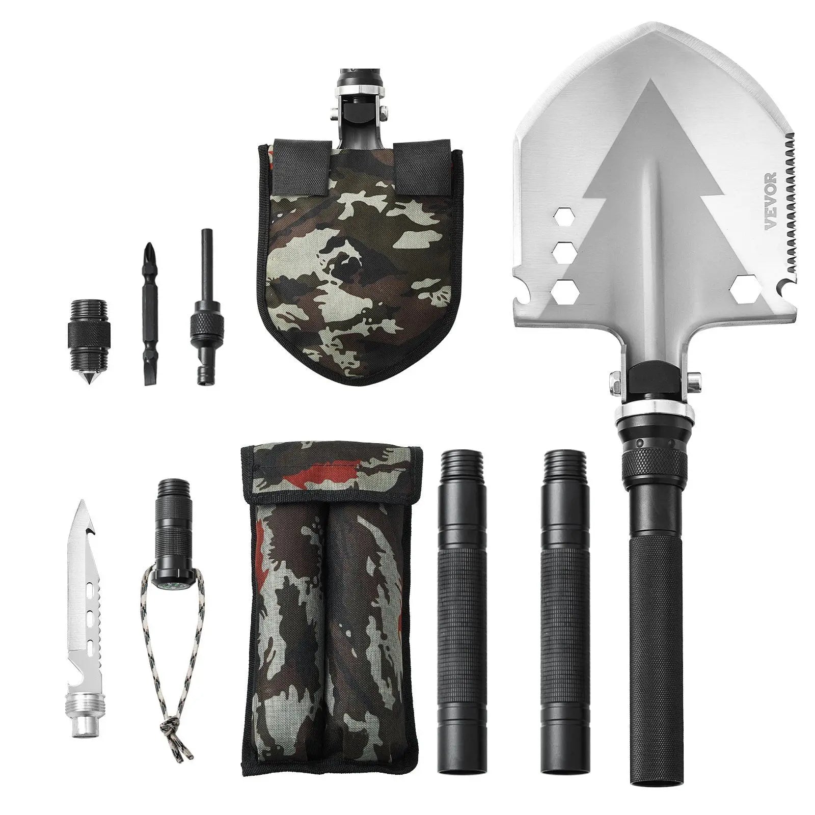 Portable Compact 11 in 1 Survival Shovel Folding Multitool Camping Tool