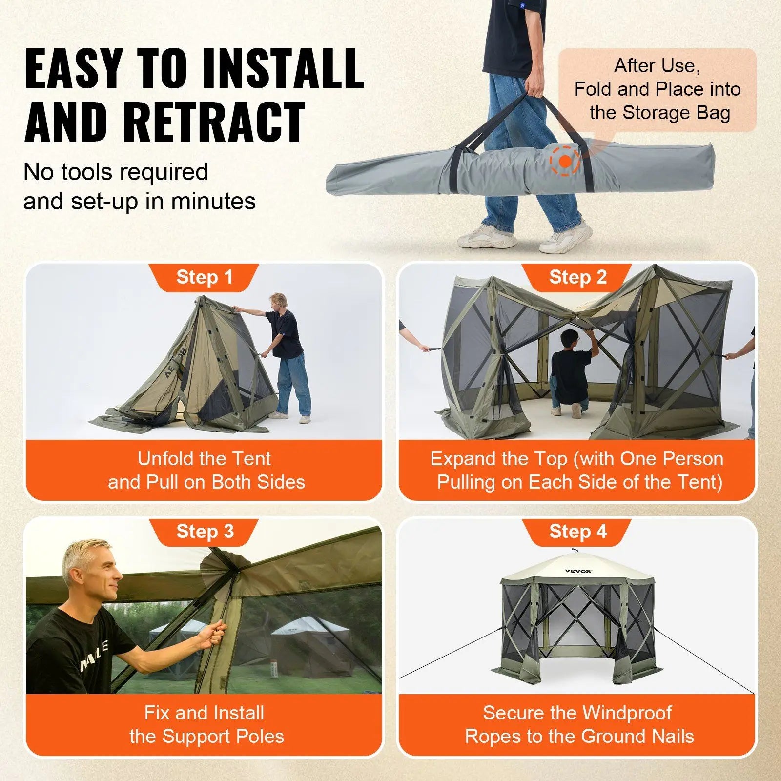 Pop Up Gazebo Tent, Pop-Up Screen Tent 6 Sided Canopy Sun Shelter with 6 Removable Privacy Wind Cloths & Mesh Windows, 10x10FT Q