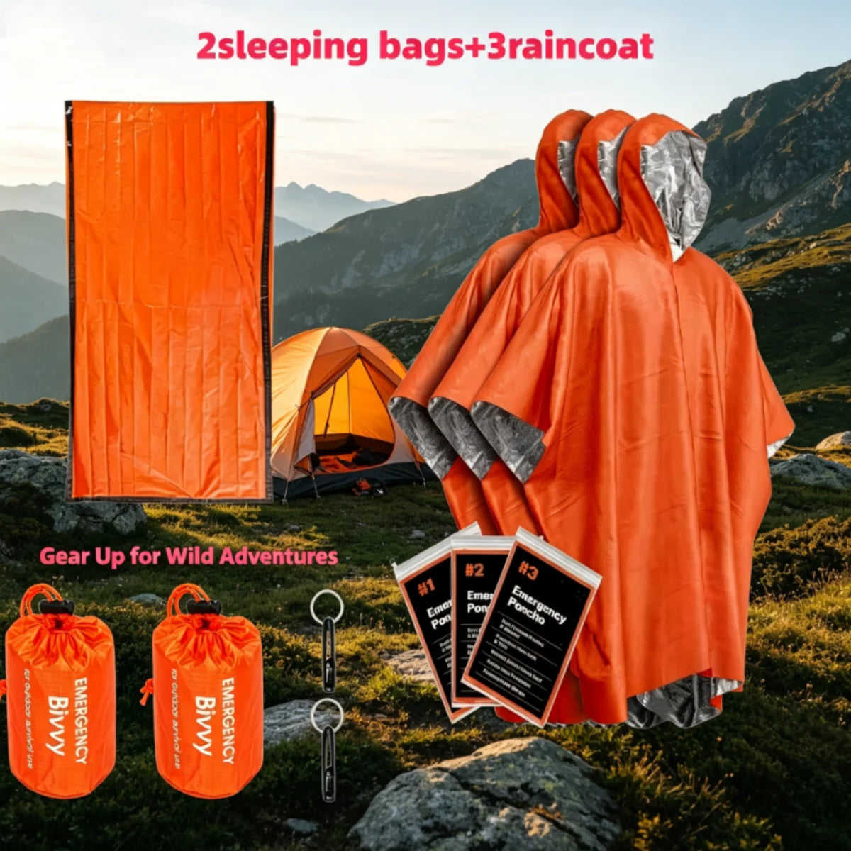 Kit d'urgence pour le camping et la randonnée en plein air - 2 sacs de couchage bivouac + 3 ponchos de pluie thermiques, coupe-vent et isothermes pour la survie