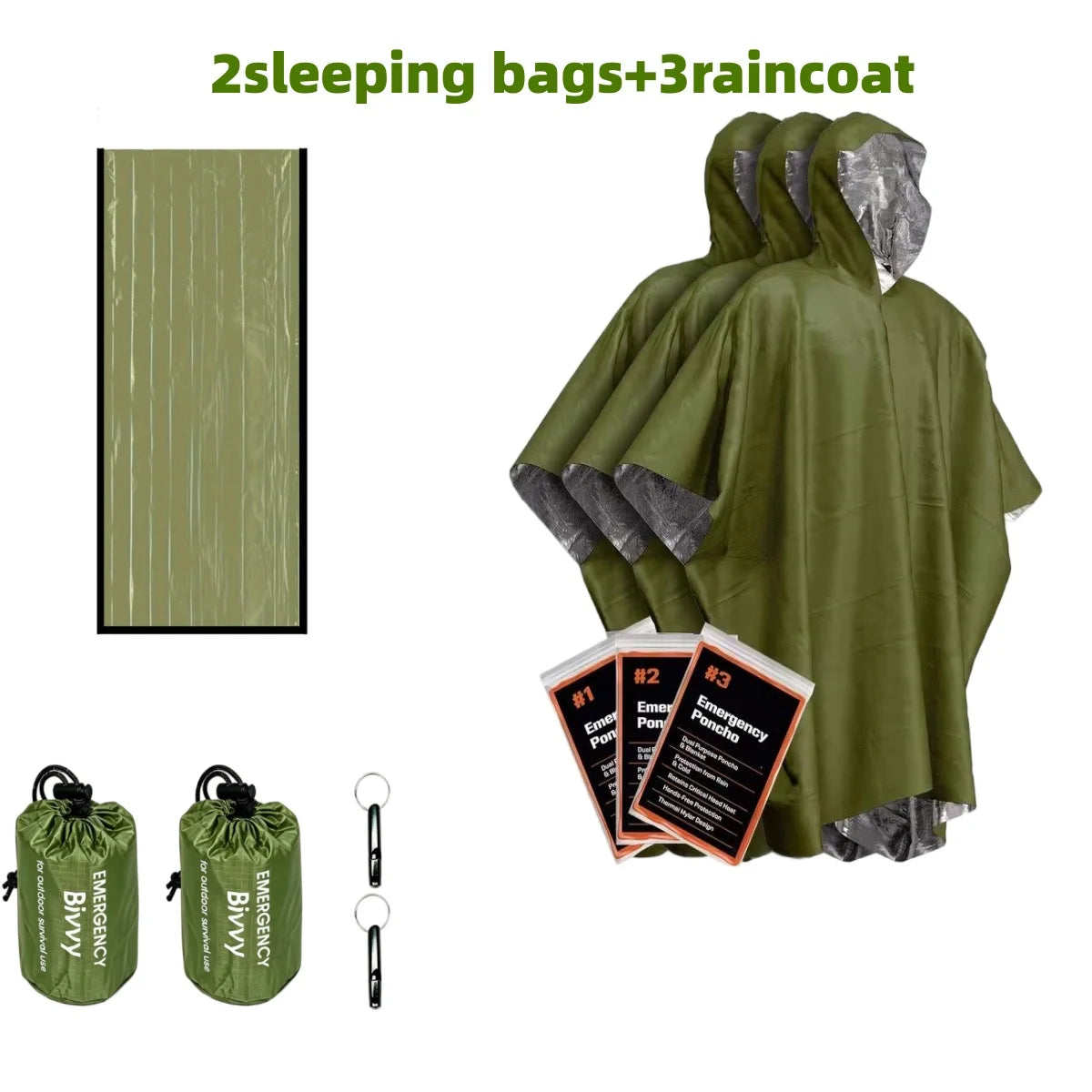 Kit d'urgence pour le camping et la randonnée en plein air - 2 sacs de couchage bivouac + 3 ponchos de pluie thermiques, coupe-vent et isothermes pour la survie