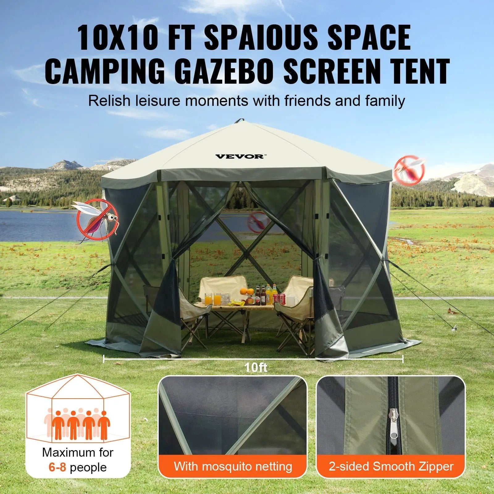 Pop Up Gazebo Tent, Pop-Up Screen Tent 6 Sided Canopy Sun Shelter with 6 Removable Privacy Wind Cloths & Mesh Windows, 10x10FT Q