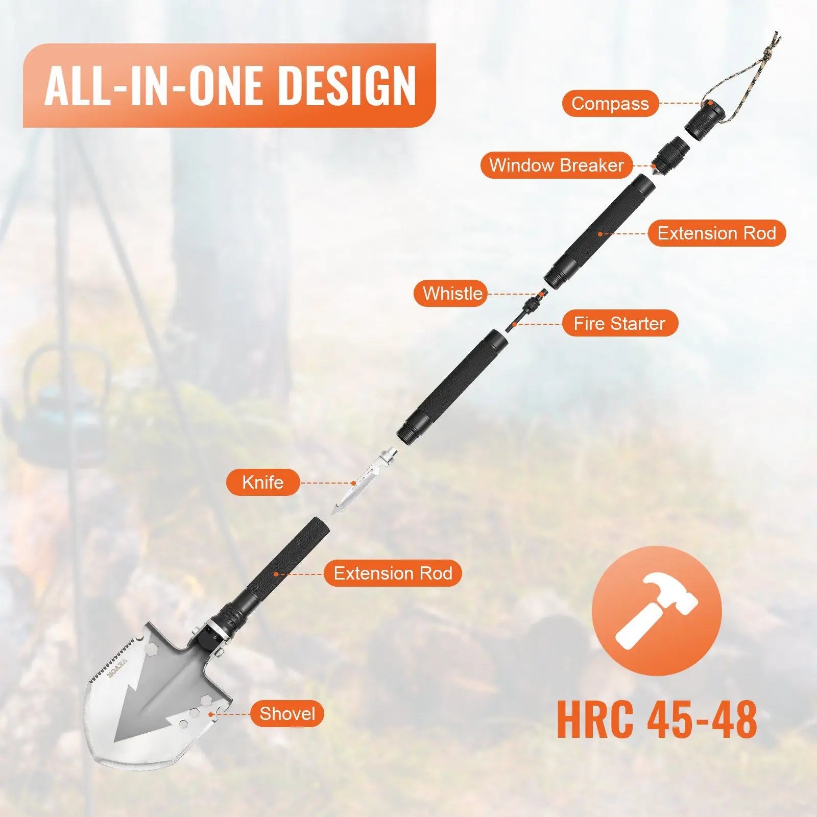 Portable Compact 11 in 1 Survival Shovel Folding Multitool Camping Tool