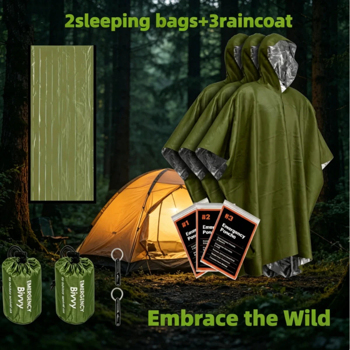 Kit d'urgence pour le camping et la randonnée en plein air - 2 sacs de couchage bivouac + 3 ponchos de pluie thermiques, coupe-vent et isothermes pour la survie