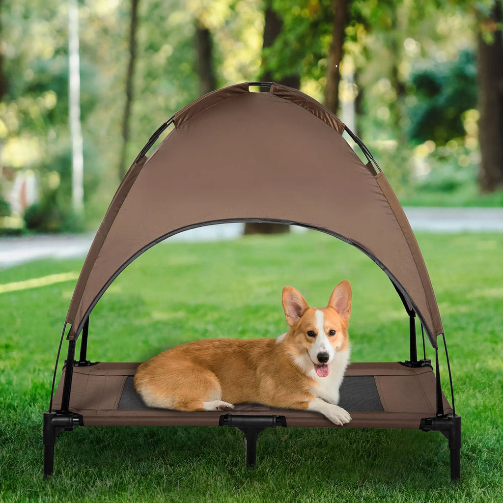 Portable 36-Inch Coffee Dog Cot with UV Protection Canopy Shade Elevate Your Pet's Camping Comfort
