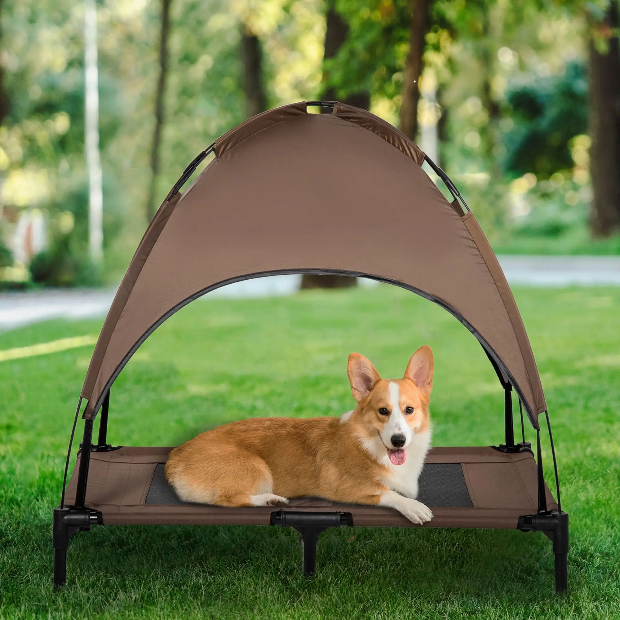 Portable 36-Inch Coffee Dog Cot with UV Protection Canopy Shade Elevate Your Pet's Camping Comfort