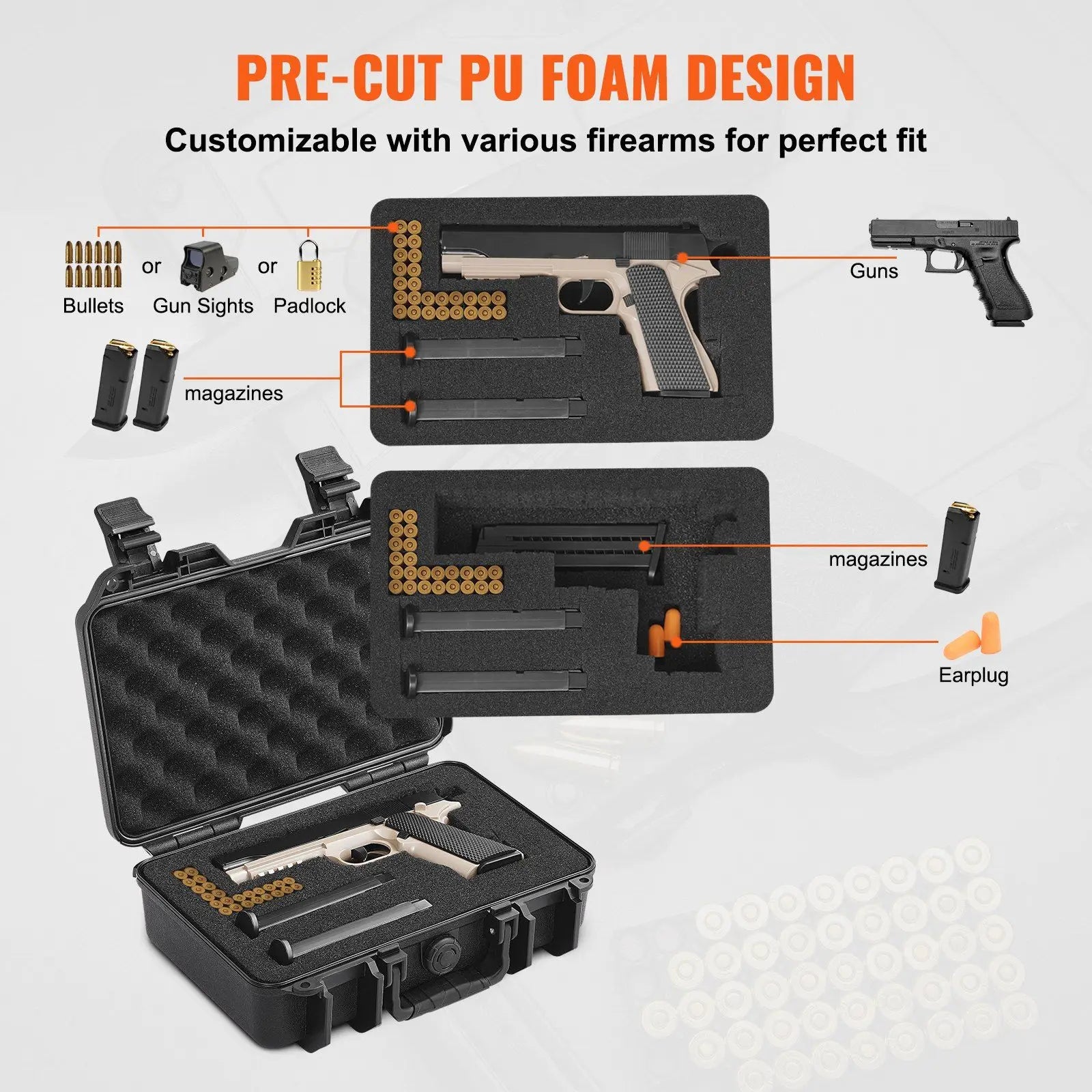 Lockable Pistol Case with Pre-cut PU Foam Hard Self-Defense Supply for 1 Pistol