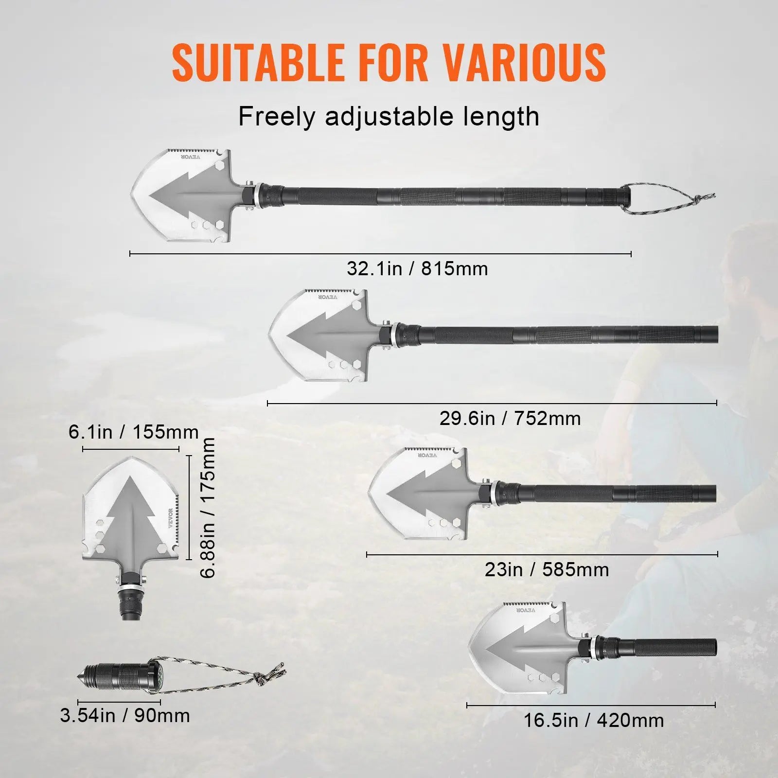 Portable Compact 11 in 1 Survival Shovel Folding Multitool Camping Tool