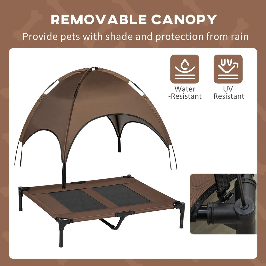 Portable 36-Inch Coffee Dog Cot with UV Protection Canopy Shade Elevate Your Pet's Camping Comfort