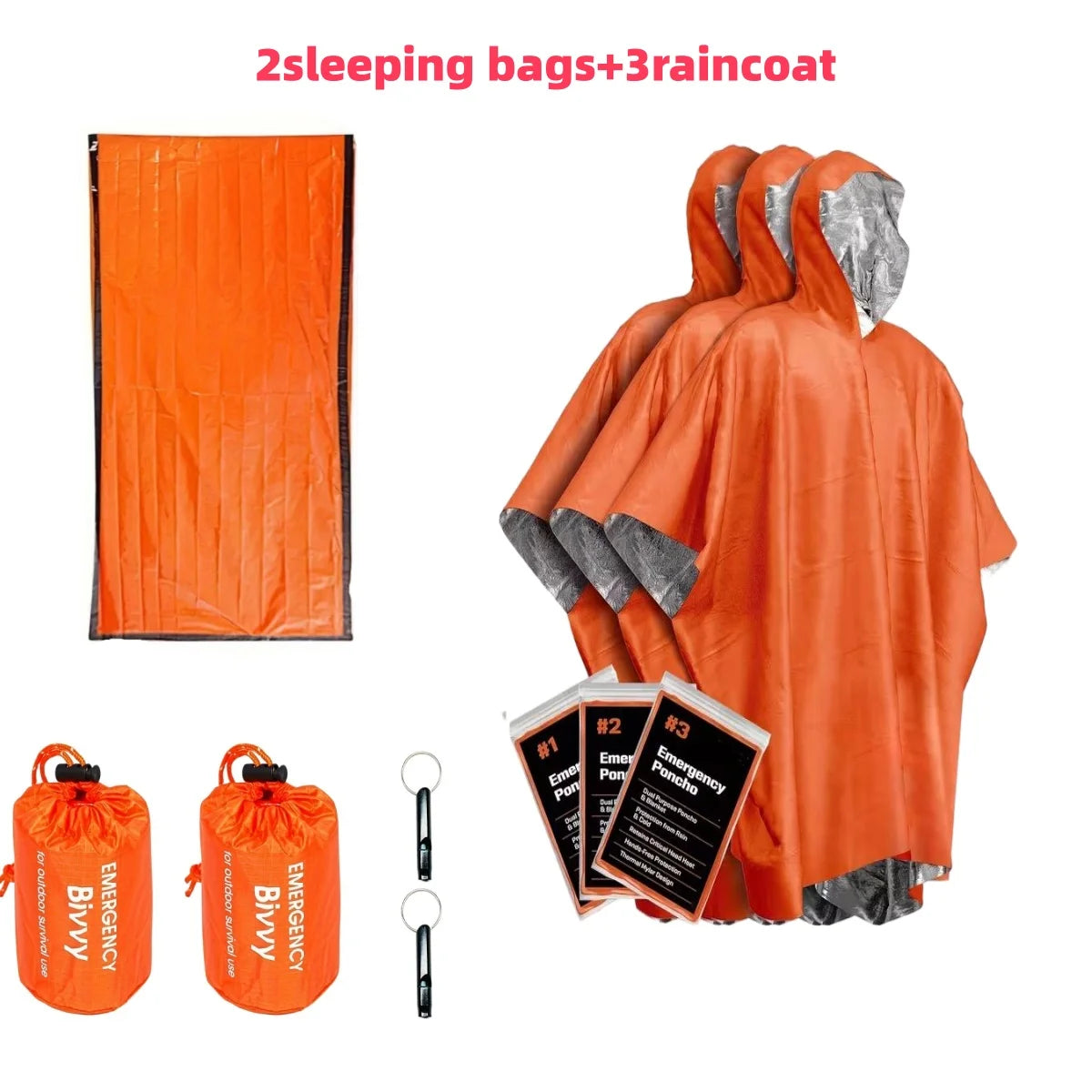 Kit d'urgence pour le camping et la randonnée en plein air - 2 sacs de couchage bivouac + 3 ponchos de pluie thermiques, coupe-vent et isothermes pour la survie